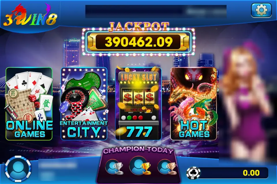 3Win8 lobby with a jackpot meter over four tiles: Online Games, Entertainment City, 777 and Hot Games
