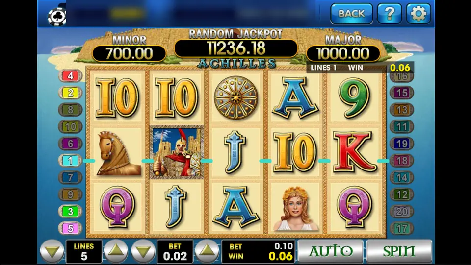 Achilles spin on 5 lines at 0.02 with Achilles on reel 2 and a 0.06 win on line 1