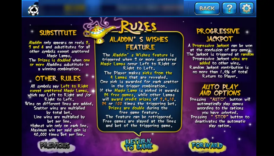 Aladdin's Wishes rules page on 3Win8 with the Aladdin wild, the lamp-picking feature, the progressive jackpot and other rules