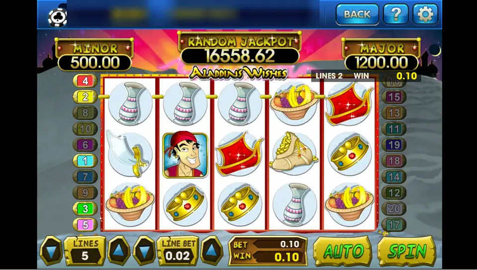 Aladdin's Wishes spin on 5 lines with three vases on line 2 paying 0.10, Aladdin on reel 2
