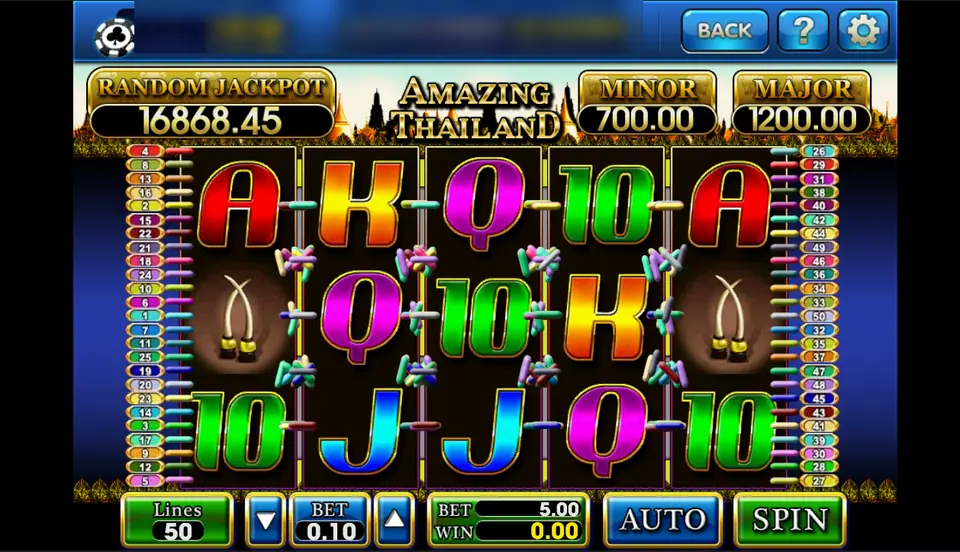 Amazing Thailand base game at 0.10 per line on 50 lines with tusks on reels 1 and 5