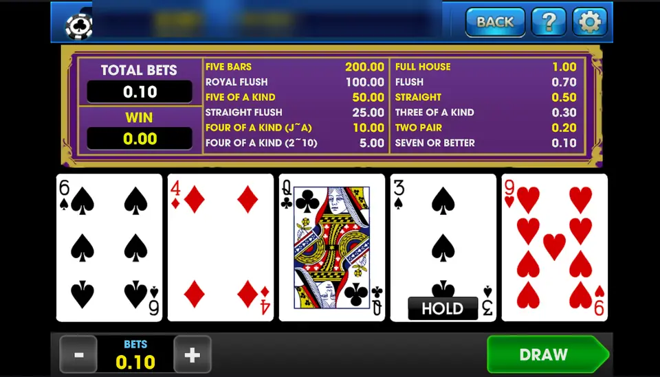 Big Shark video poker on 3Win8 with five dealt cards, HOLD on the three of spades and the pay table above