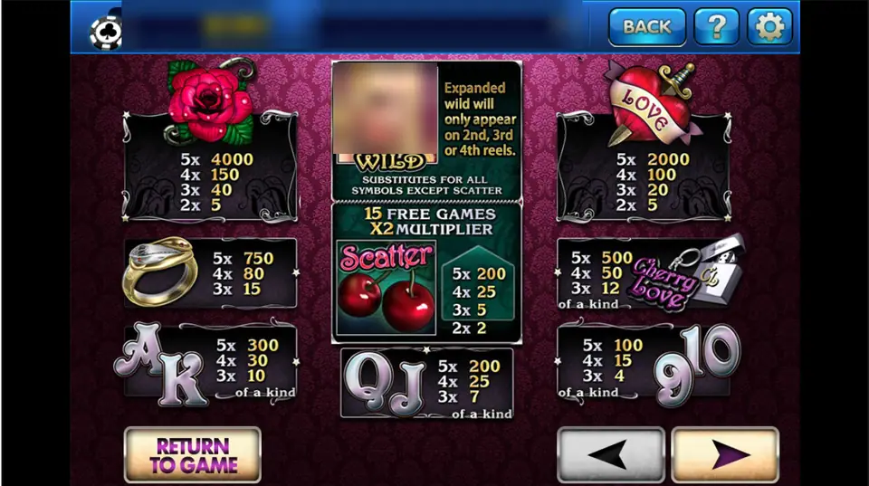 Cherry Love pay table on 3Win8 with the expanding wild, the cherry scatter and 15 free games at x2