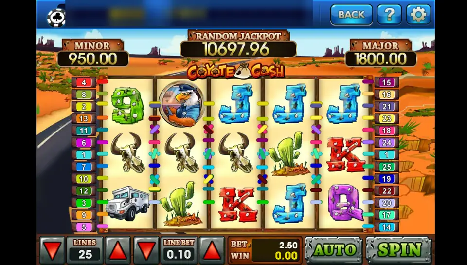 Coyote Cash reels on 3Win8 with an eagle officer, cow skulls, cactus, an armoured truck and card symbols on a desert road