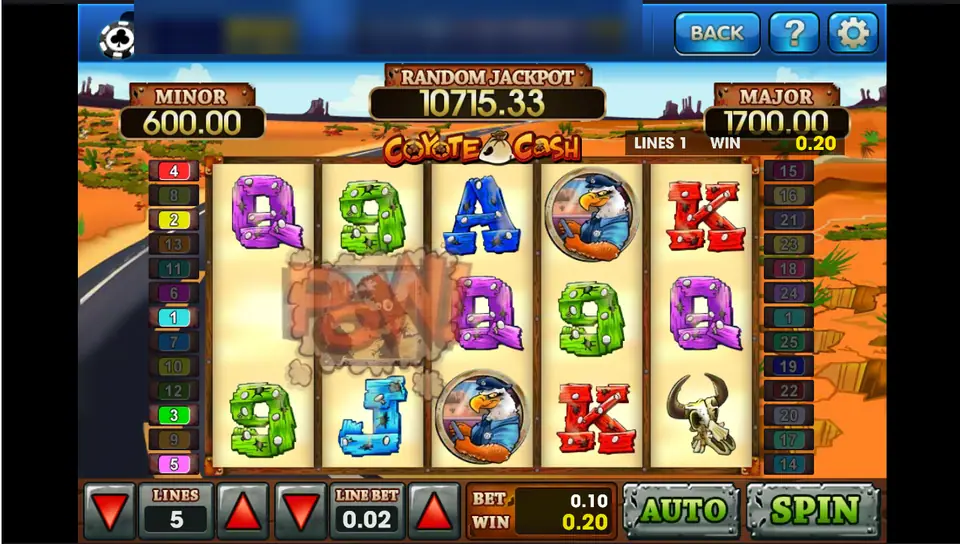 Coyote Cash spin at 0.02 per line on 5 lines with two eagle officers and a 0.20 win