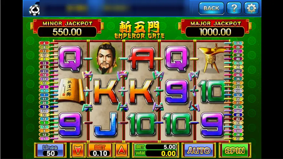 Emperor Gate reels on 3Win8 with a young general, scroll and gold wine vessel symbols under Minor and Major Jackpot meters