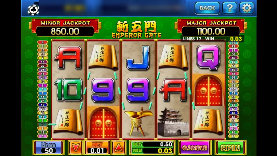 Emperor Gate spin with scrolls, red gates and a fortress on the reels and a 0.03 win on line 17