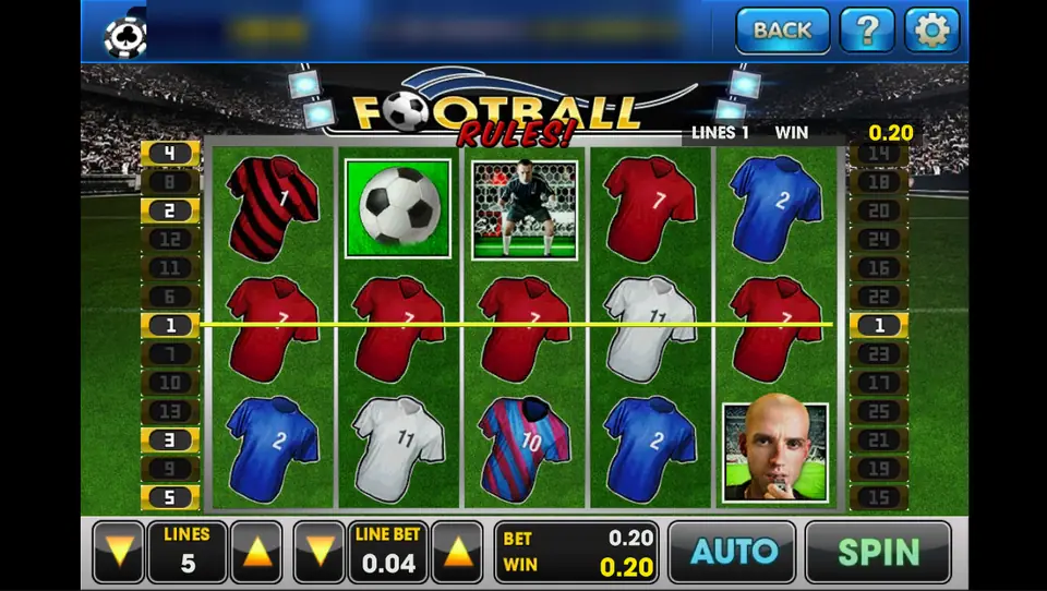Football Rules reels on 3Win8 with red, blue and white football shirts, a football and goalkeeper, three red shirts lit on line 1