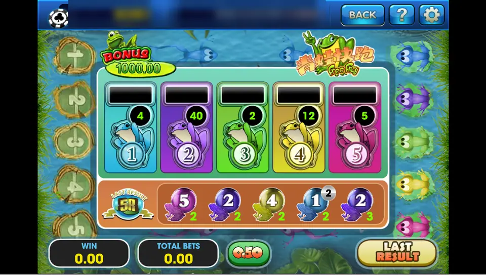 Frog Jump betting board on 3Win8 with five numbered frogs priced 4, 40, 2, 12 and 5, and the last results below
