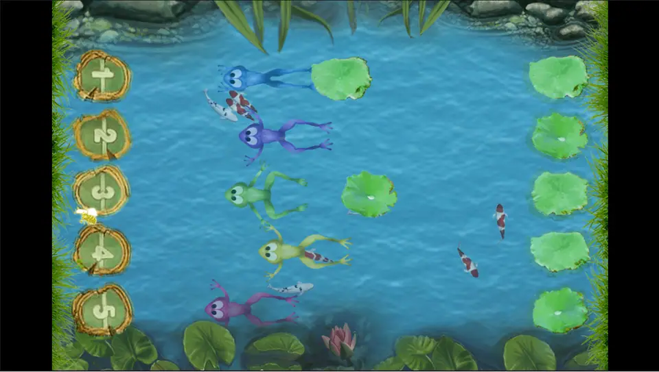 Frog Jump race: five coloured frogs swimming across a koi pond towards the lily pads, lane numbers 1 to 5 on the left