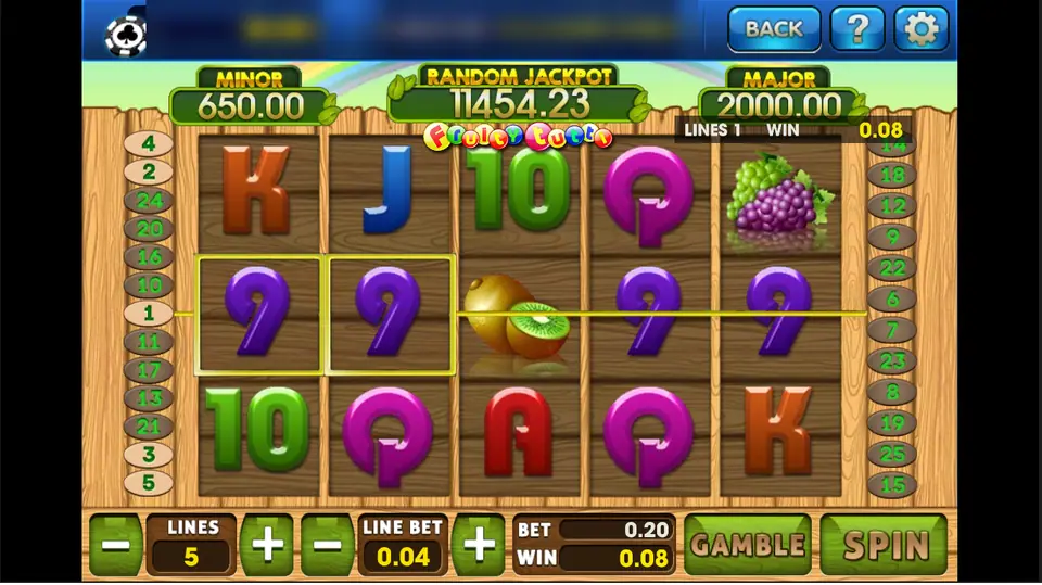Fruity Tutti reels on a wooden fence on 3Win8, two purple nines lit on line 1 for a 0.08 win
