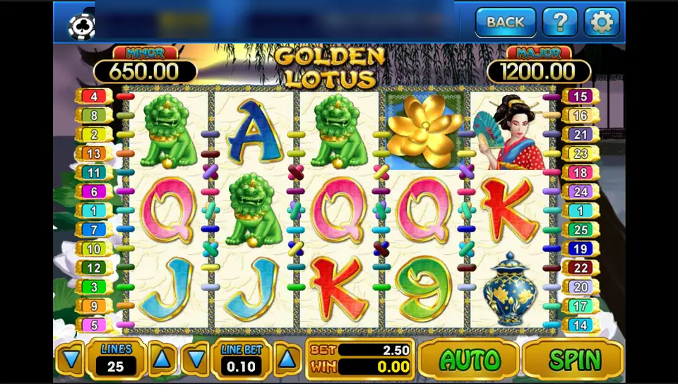 Golden Lotus reels on 3Win8 with green lion dogs, a gold lotus wild, a woman with a fan and a blue ginger jar