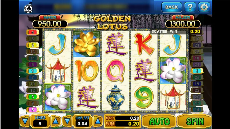 Golden Lotus spin on 5 lines with two white lotus scatters paying 0.20