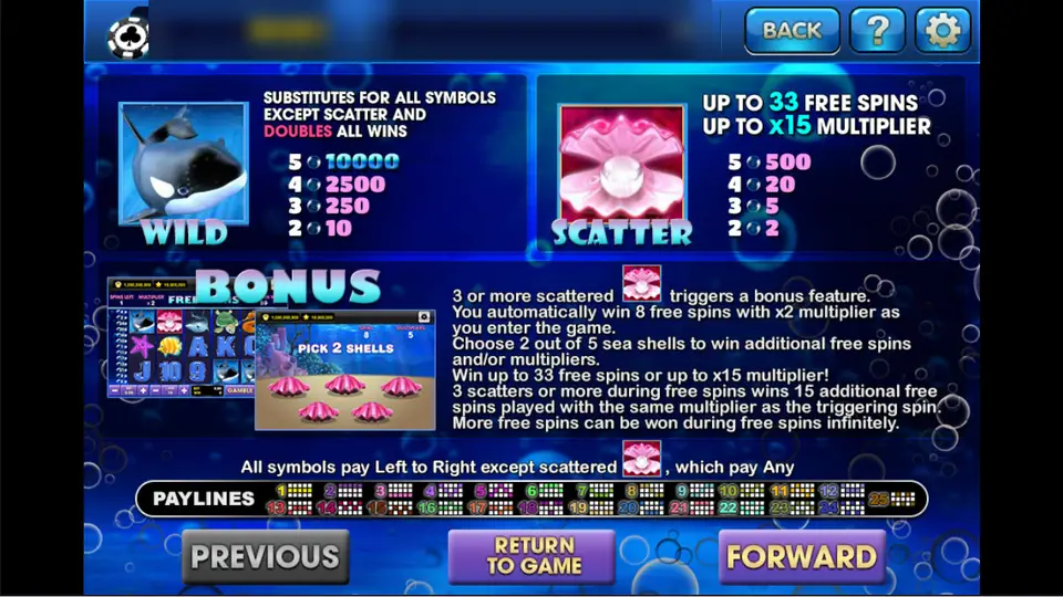 Great Blue help screen on 3Win8 with the orca wild, pearl scatter and the pick 2 shells bonus