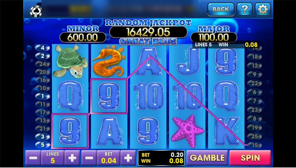 Great Blue reels on 3Win8 with a sea turtle, seahorse and starfish, two nines lit on line 5 for a 0.08 win