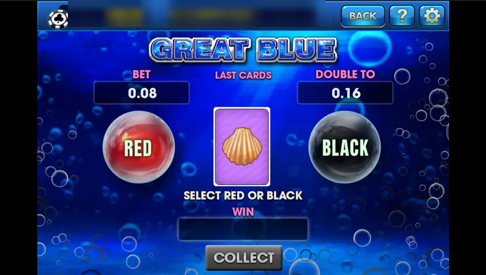 Great Blue gamble screen on 3Win8 with the 0.08 bet, red and black buttons and a face-down card