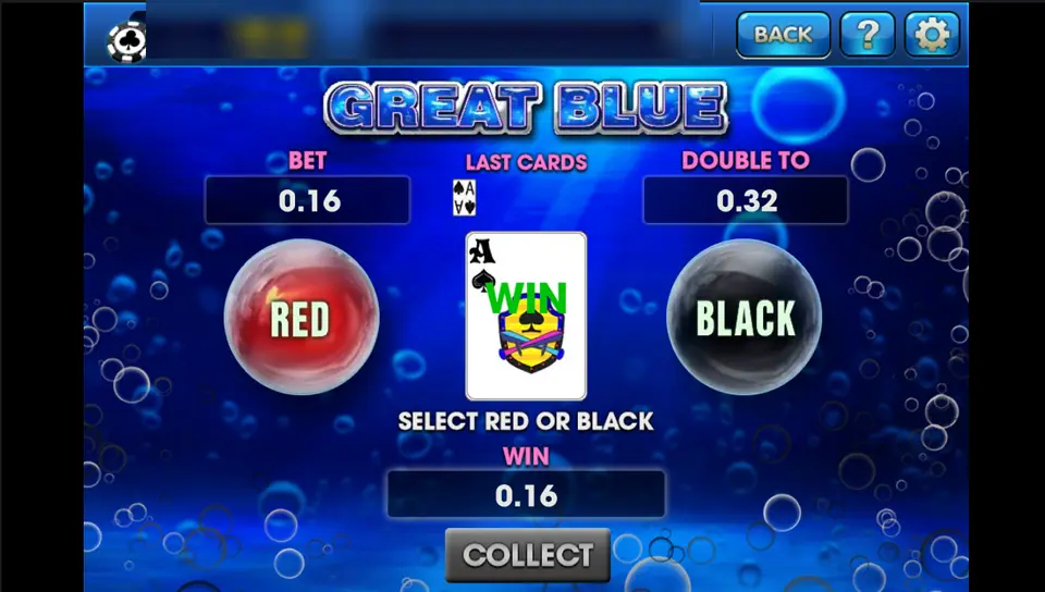 Great Blue gamble after a correct black guess: ace of spades shown, win 0.16, next double to 0.32