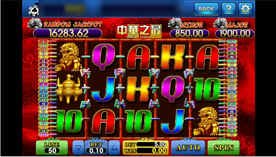 Great China reels on 3Win8 with gold lion and incense burner symbols on a red background, Random Jackpot, Minor and Major meters