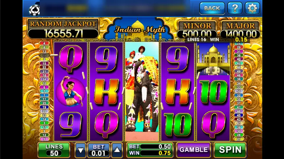 Indian Myth spin with the elephant and two riders filling reel 3 and a 0.75 win on a 0.50 bet