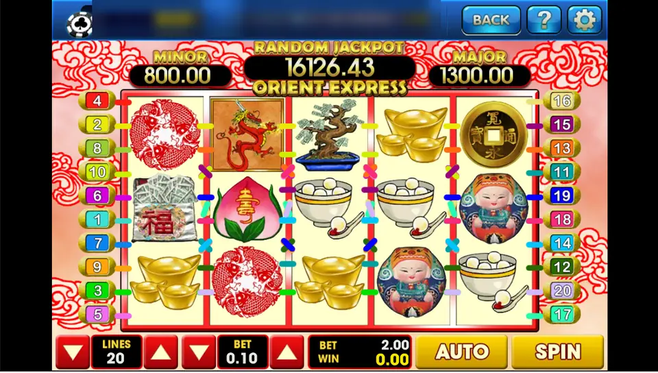 Orient Express base game on 20 lines with ingots, a lucky coin, a peach and the child symbol