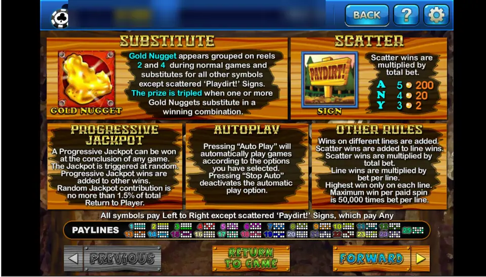 Pay Dirt rules page on 3Win8 with the gold nugget wild, the Paydirt sign scatter, progressive jackpot and other rules