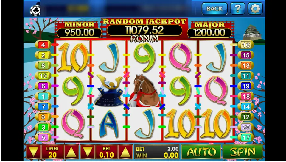Ronin reels on 3Win8 with a samurai helmet and a war horse among brightly coloured card symbols, cherry blossoms and a castle outside the frame