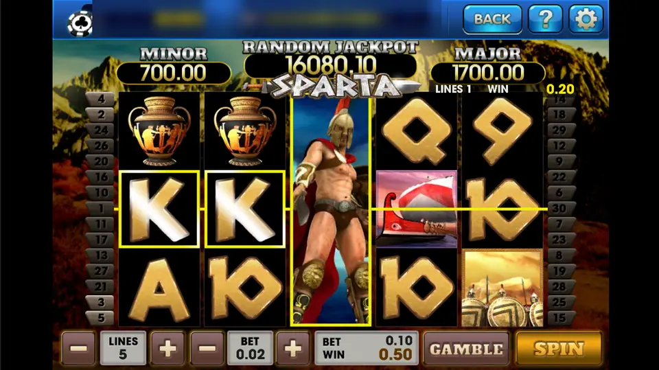 Sparta on 3Win8 with the Spartan wild expanded on reel 3, two kings lit on line 1 and a 0.50 win