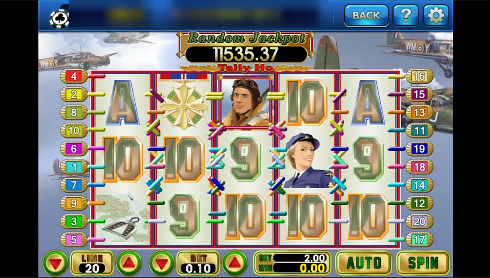 Tally Ho reels on 3Win8 with a pilot in a leather helmet, a woman in air force uniform and a gold medal, propeller planes in the sky