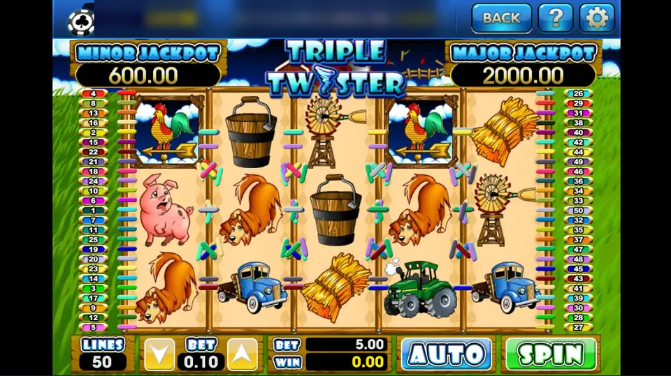 Triple Twister reels on 3Win8 with rooster weather vanes, pigs, dogs, buckets and tractors on a cartoon farm