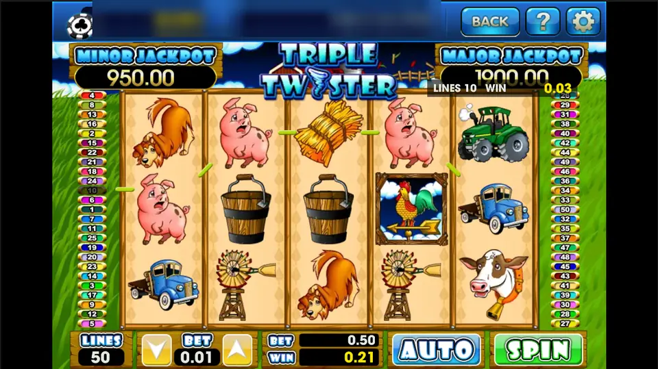 Triple Twister spin at 0.01 per line with pigs, buckets and a weather vane, paying 0.21