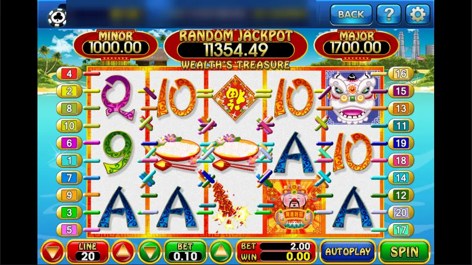 Wealth's Treasure base game at 0.10 per line on 20 lines with a lion dance scatter and the Money King
