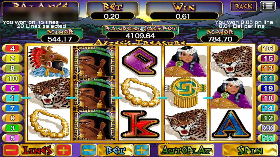 Aztec's Treasure reels with an eagle headdress, jaguars, a stacked Aztec warrior on reel two and a gold necklace, with Minor, Random Jackpot and Major counters above
