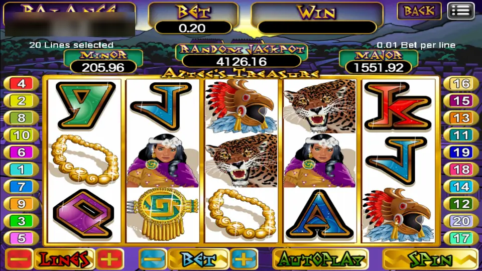 Aztec's Treasure after a spin, with 20 lines selected, 0.01 bet per line and no win showing