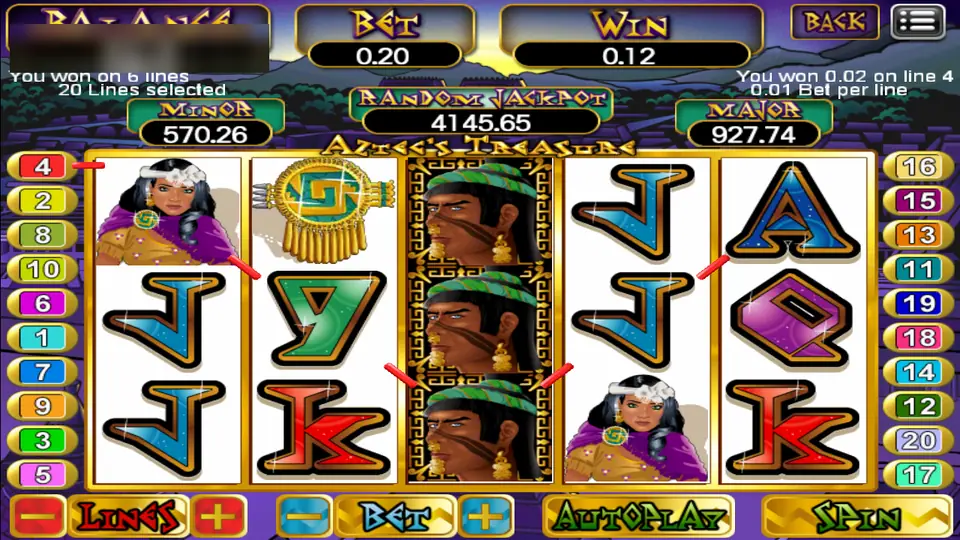 Aztec's Treasure with a stacked warrior on the middle reel and a win line drawn from the top left
