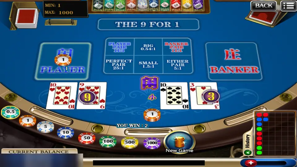 Baccarat result with Player on 9 against Banker on 3 and the message You win 2