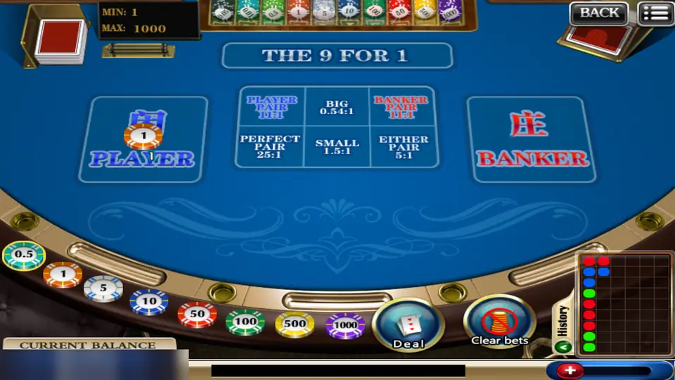 918Kiss baccarat with one chip of 1 on Player and the Deal and Clear bets buttons showing