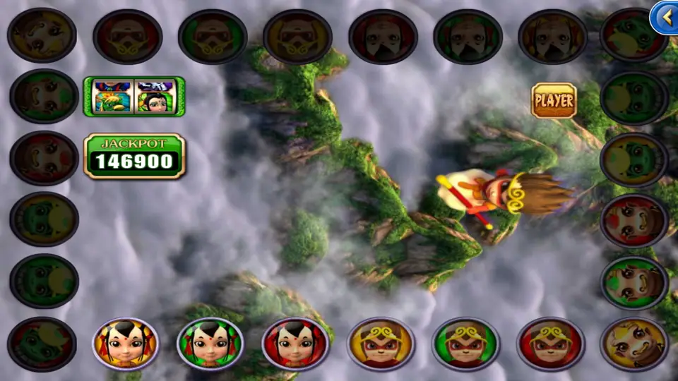 Battle World ring with dimmed portraits, the flying hero in the middle, a PLAYER sign and a jackpot counter