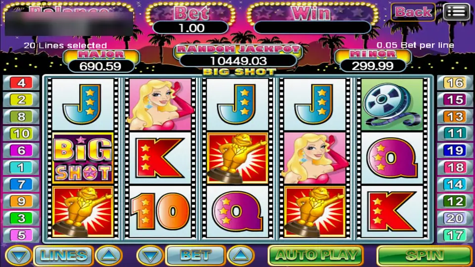 Big Shot with the Big Shot logo on reel one, trophies on reels one, three and four and the starlet on reels two and four, bet 1.00