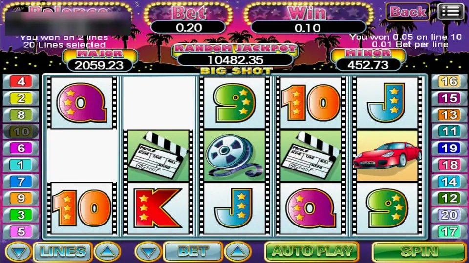 Big Shot after a small win on two lines with film reels, clapperboards and a sports car on the reels