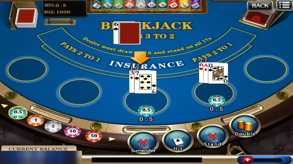 918Kiss blackjack table with the dealer showing a 6, two player boxes of 10 and 17, and Surrender, Hit, Stand and Double buttons