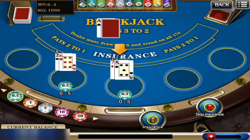 918Kiss blackjack with the dealer showing an ace and the Insurance and Skip insurance buttons