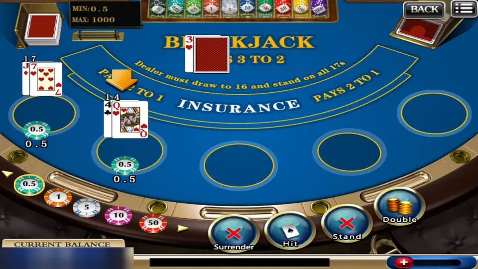 Blackjack with two hands in play, 17 and 14, and the dealer showing a 3