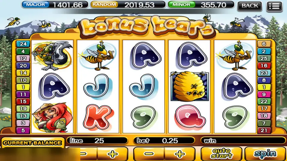 Bonus Bears with the park ranger and the skunk on reel one and bees on reels two and five
