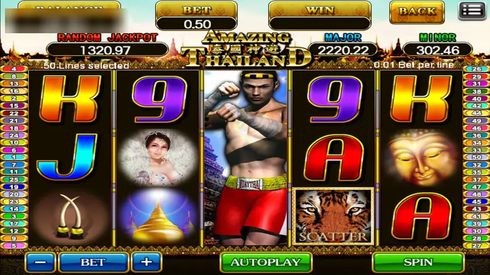 Amazing Thailand reels with a Muay Thai fighter filling the middle reel, a golden stupa, tusks, a Buddha face and a tiger scatter