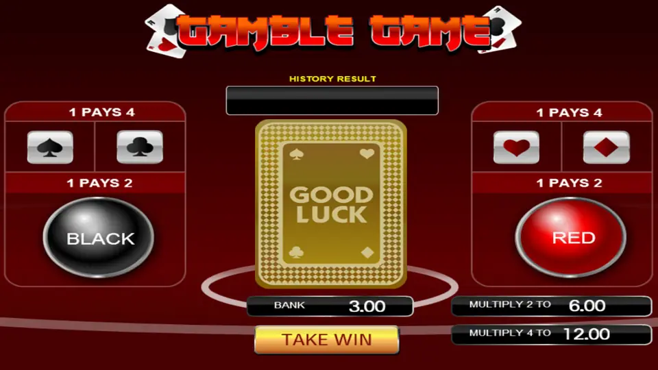 Gamble Game screen with Black and Red buttons paying 2 and suit buttons paying 4, a Bank of 3.00 and a Take Win button