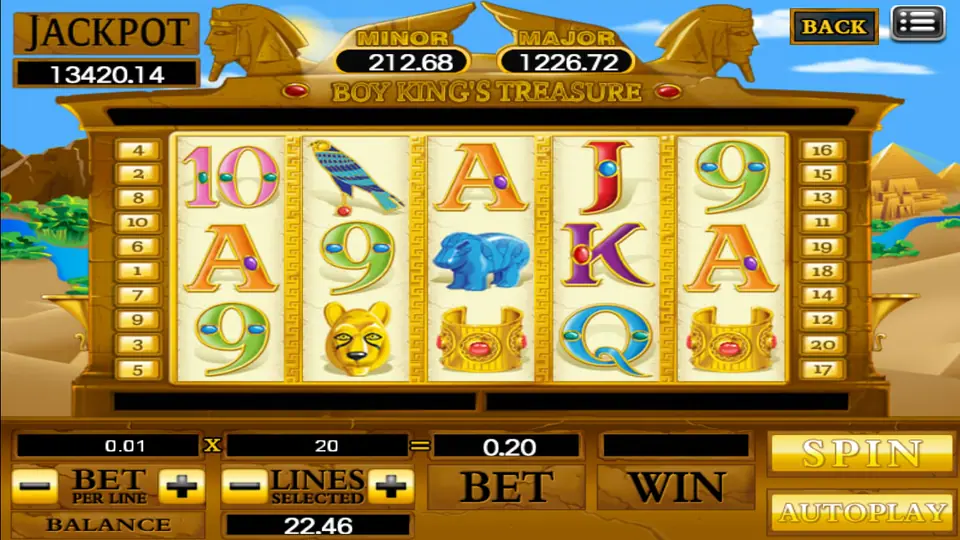Boy King's Treasure with a falcon, a blue hippo, a gold lioness mask and gold cuffs on the reels
