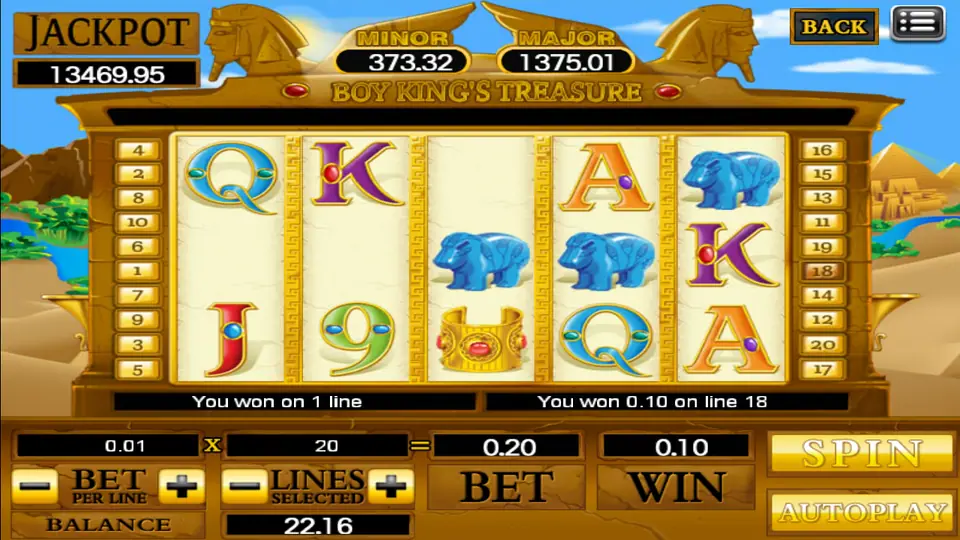 Boy King's Treasure after a win of 0.10 on line 18 with blue hippos on the last three reels