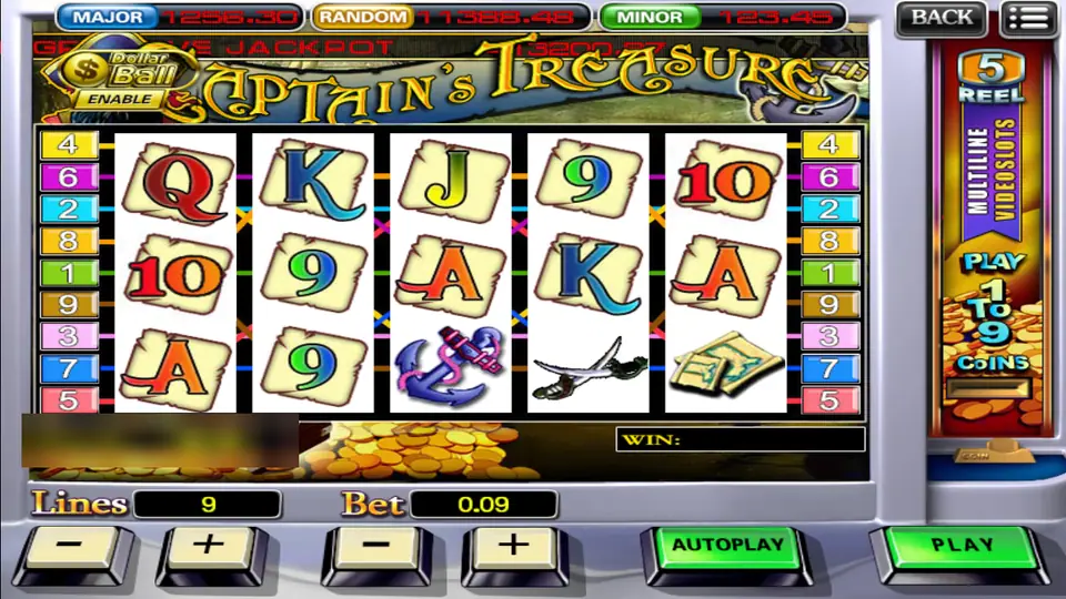 Captain's Treasure before a spin with an anchor, crossed swords and a treasure map on the bottom row and Credit 36.83