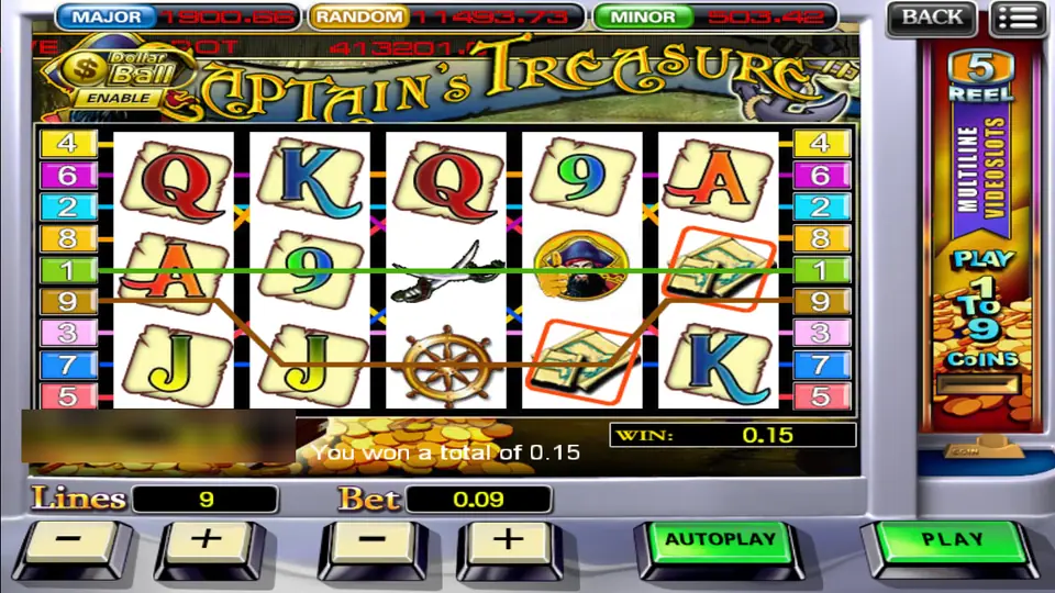 Captain's Treasure reels with a pirate captain, a parrot, a ship's wheel and two treasure maps on a win line, with Lines 9 and Bet 0.09
