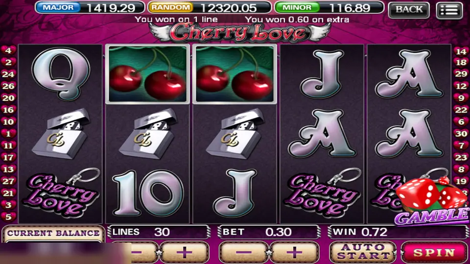 Cherry Love after a small win with two cherry tiles, lighters on reels two and three, and a red dice Gamble button in the corner
